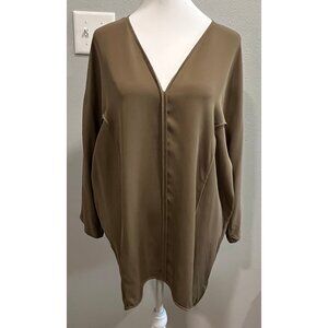 HALSTON HERITAGE Taupe-Brown 100% Silk V Neck Relaxed 3/4 Sleeve Top, Size M
